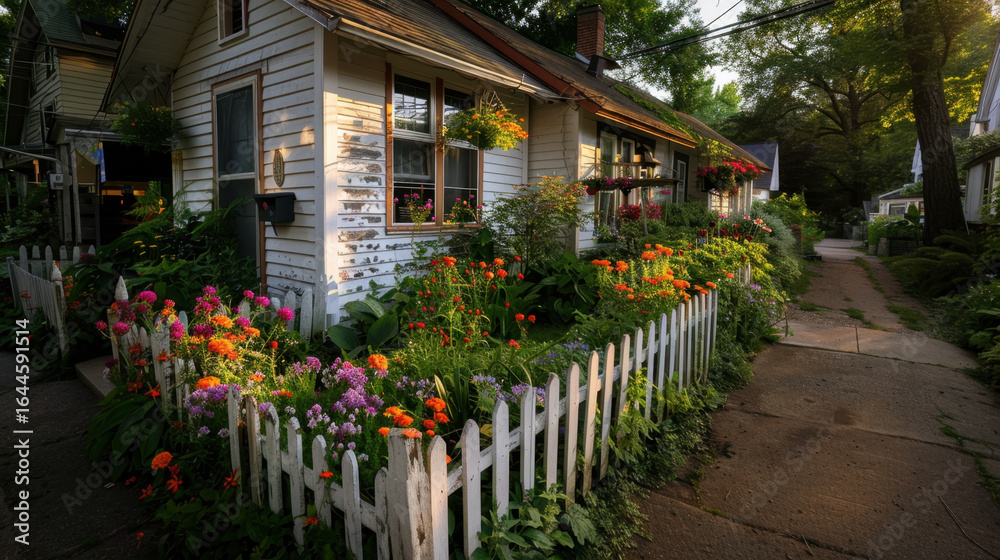 Obraz premium Charming house surrounded by vibrant flowers and white picket fence creates picturesque scene. colorful blooms add cheerful touch to serene neighborhood, inviting sense of warmth and tranquility