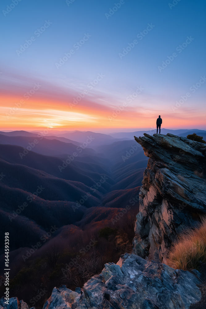 Fototapeta premium Hiker watching colorful sunrise over majestic mountain range from rocky cliff
