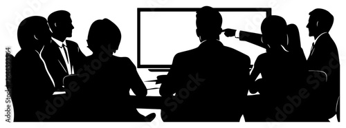 silhouette of leader pointing at screen during team meeting