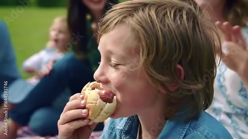 Boy Eats Hot Dog with Family Picnic.