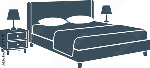 Illustration of a bedroom setup with a bed, pillows, two lamps, and a bedside table.