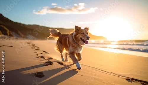 Dog runs on beach at golden sunset