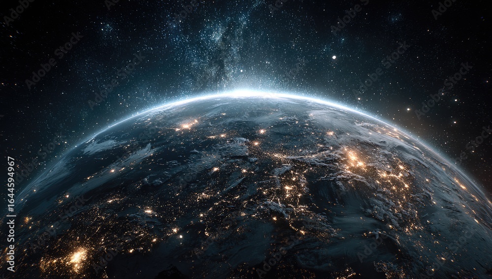Fototapeta premium Earth at night, viewed from space, showcasing city lights and a luminous atmosphere against the backdrop of a star-filled cosmos and the Milky Way