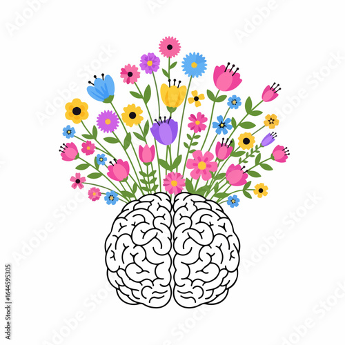 Blooming brain symbolizes creative thinking and mental growth, inspiring new ideas and positive mindset.