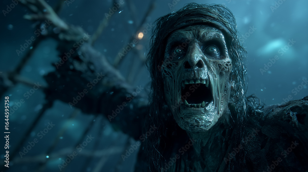 Naklejka premium Screaming undead pirate attacking on a ship at night