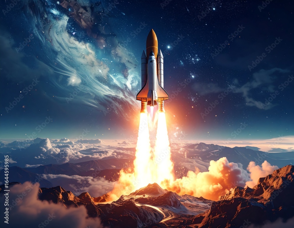 Obraz premium A space shuttle launches into a starry night sky
