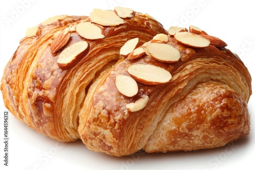 Two golden-brown almond croissants, flaky layers visible, topped with sliced almonds, glistening with a light glaze, rest on a white background