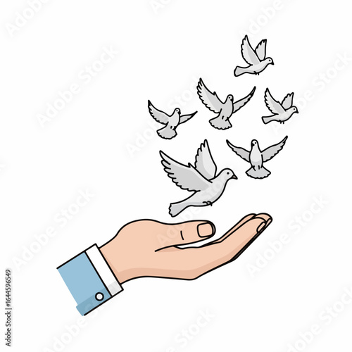 Hopeful hand releasing flock of doves symbolizing freedom, peace, and new beginnings