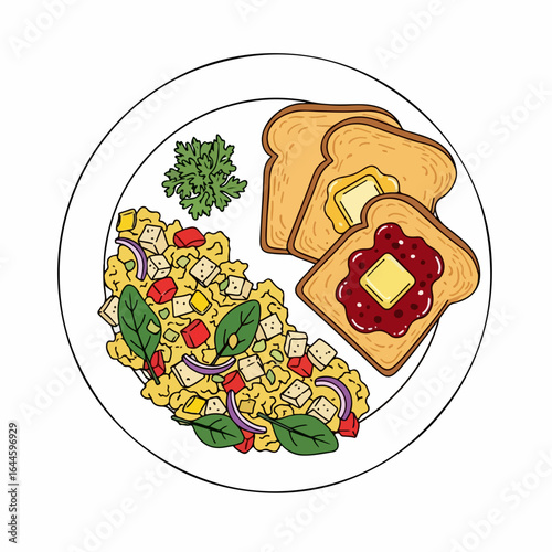 Delicious breakfast plate with scrambled eggs, toast, butter, jam, and fresh greens, perfect for morning meals.