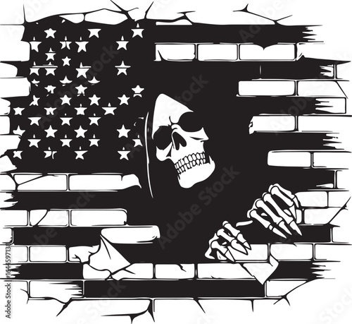 Vector art of grim reaper skull breaking through a brick wall isolated on white background