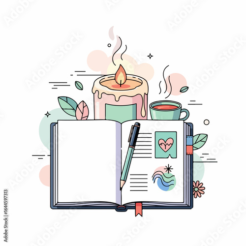 Cozy journaling scene with lit candle, hot drink, and open book creating a peaceful, creative atmosphere.