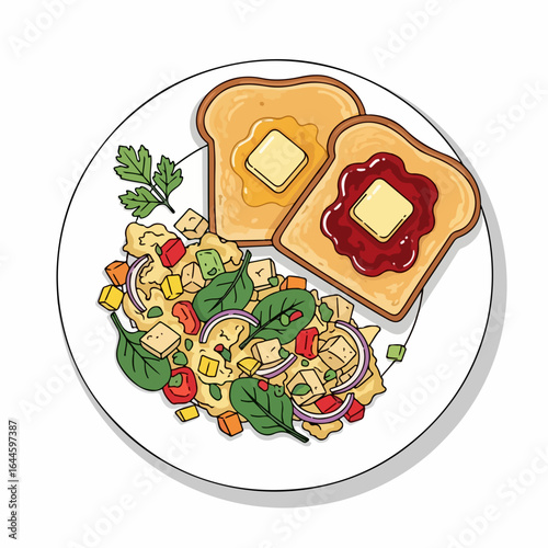 Delicious breakfast spread with scrambled eggs, toast, jam, butter, and fresh greens ready to enjoy