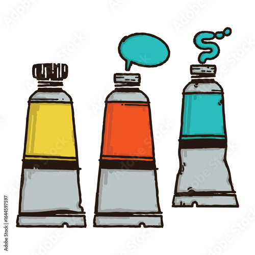 Cute cartoon acrylic paint tube in doodle hand-drawn vector style. Isolated on a white background.