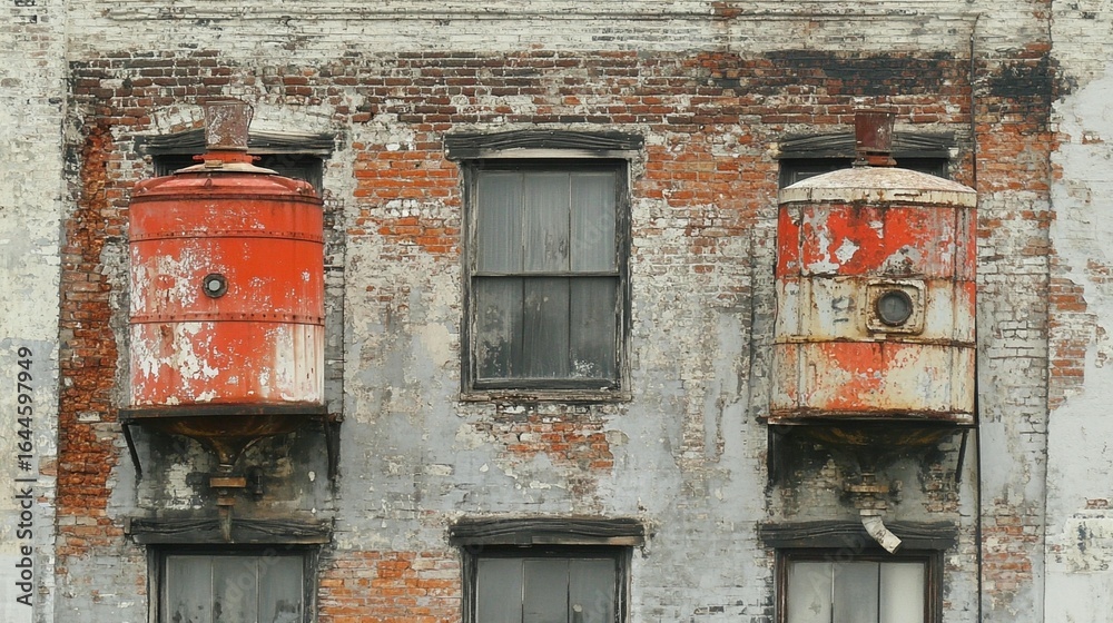 Naklejka premium Weathered brick building with rusty red tanks