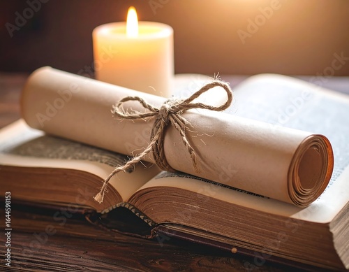 A rolled parchment tied with twine rests on an open antique book, illuminated by a candle's warm glow