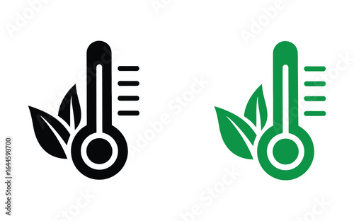 Temperature Measurement Instrument Eco Care Pictogram. Eco-friendly thermometer Thermometer Tool in Celsius or Fahrenheit with Leaf Green Silhouette Icon Set.
