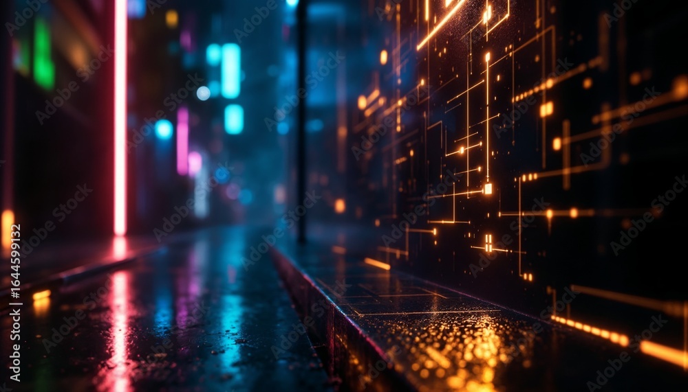 Fototapeta premium Abstract Geometric Matrix Coding Class with Neon Lights and Reflective Surfaces in a Futuristic Digital Environment