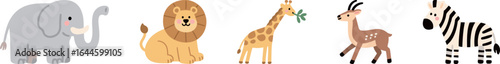 A simple and cute cartoon illustration of five different safari animals in a row, including an elephant, lion, giraffe, antelope, and zebra.