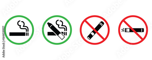 Smoking prohibited sign icon set. Restrictions public sign vector isolated.No smoking no vaping and smoking area sign set. Forbidden sign icon isolated on white background vector illustration.