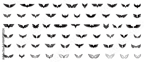 A comprehensive set of black wing icons and logos in different styles, perfect for brand identity and graphic design projects.