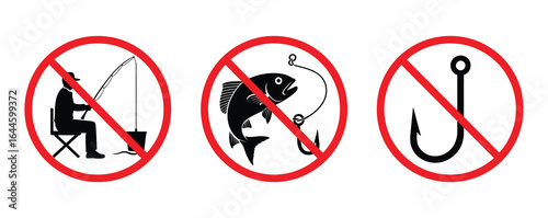 Forbidden Fishing Hook Fish Black Silhouette Icon Set. Fisherman Red Stop Circle Symbol. No fishing allowed symbol, preventing aquatic activities with hook and line, protecting marine life zone