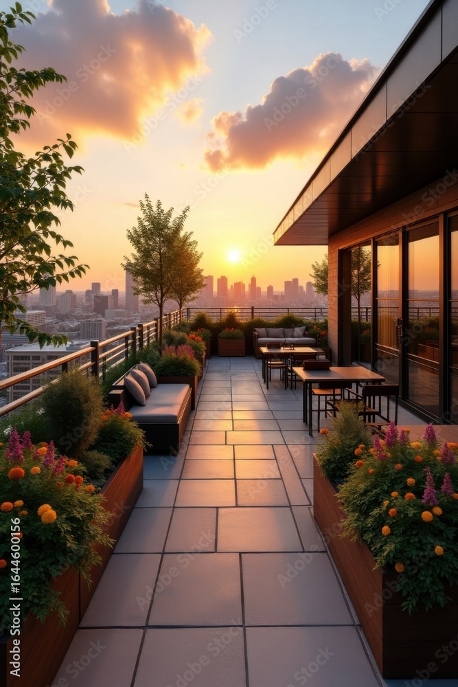 Fototapeta premium Rooftop Terrace at Sunset with City Skyline and Lush Greenery