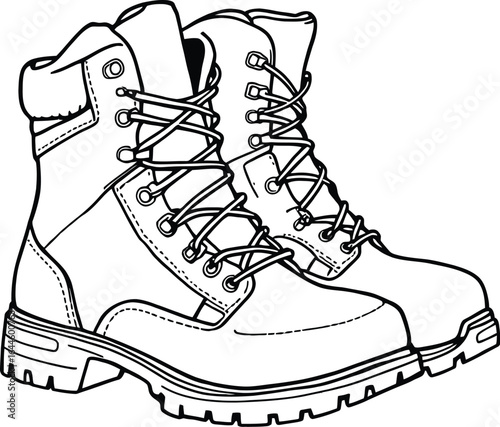 Detailed Line Drawing of Rugged Lace-Up Boots with Thick Treaded Soles, Reinforced Stitching, and Padded Collars—Ideal for Footwear Design References, Outdoor Gear Illustrations, and Educational Mater