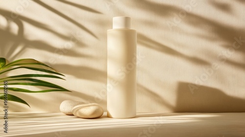 A minimalist product shot featuring a tall, off-white cylindrical bottle with a white cap, accompanied by two smooth, light-colored stones, 