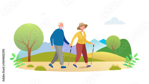 Active senior couple enjoying nordic walking in nature for healthy lifestyle and outdoor recreation time