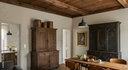 Rustic dining room interior with antique wooden cabinets and exposed timber beam ceiling.