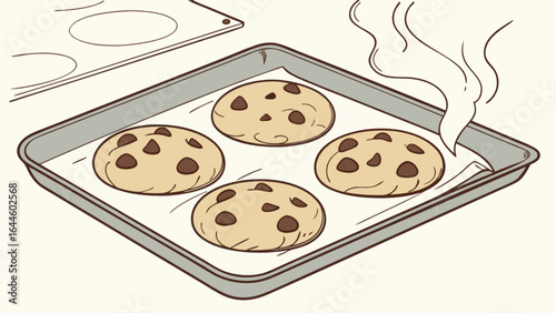 Freshly baked chocolate chip cookies on a baking sheet homemade dessert treat for snack or party delicious food