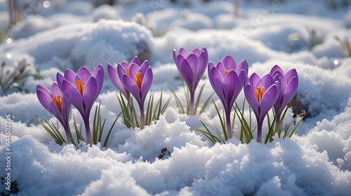 Purple crocuses emerging from fresh snow
