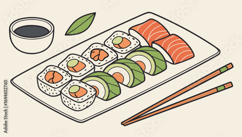 Delicious sushi rolls platter with salmon avocado and soy sauce traditional japanese cuisine art vector design