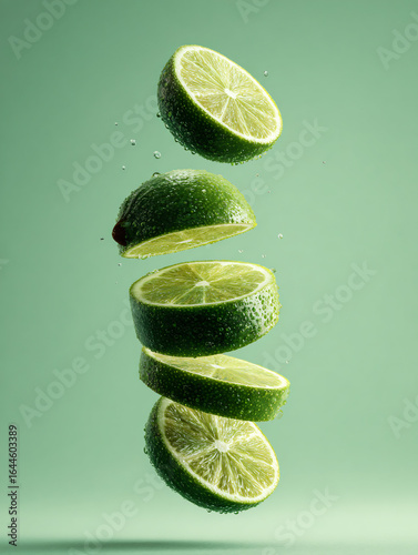 Fresh Citrus Lime Sliced Floating Drops Water Kitchen Beverage Splash Healthy Nutrition Organic Delicious Refreshing Homemade Juice Gourmet Mocktail Cooking Ingredients Closeup Background Light 