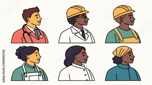 Diverse professional occupations vector illustration featuring doctor engineer chef farmer and more jobs design