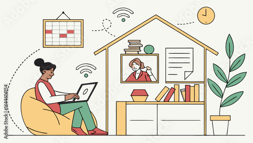 Work from home remote work woman laptop video call calendar plant wifi home office illustration design