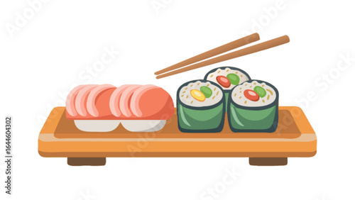 Delicious sushi platter with nigiri and maki rolls served with chopsticks for a tasty japanese meal
