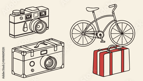 Vintage travel essentials vector art: camera, bicycle, suitcase and trunk illustration for travel theme design