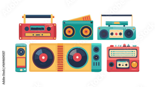 Retro vintage boombox radio cassette player and vinyl record player collection vector illustration