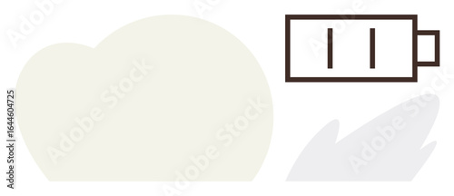 Simple low battery icon with two bar indication beside abstract cloud and shadow shapes. Ideal for power management, technology, energy awareness, minimalism, sustainability, apps, modern design. A