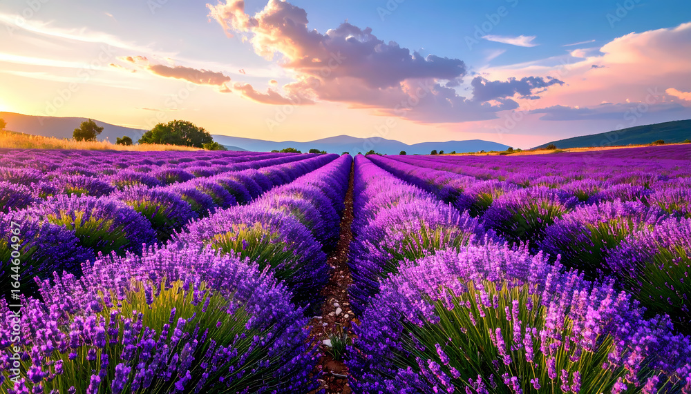 Naklejka premium Panoramic lavender field under a dramatic sky during summer