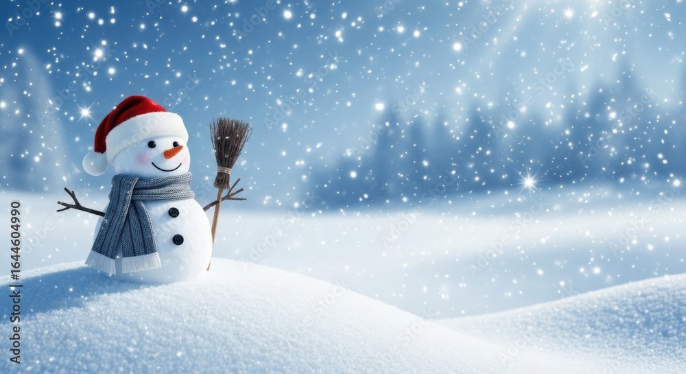 Adorable Snowman with Santa Hat and Scarf in Snowy Winter Landscape Adorable Snowman with Santa Hat and Scarf in Snowy Winter Landscape