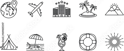 A collection of ten travel-related icons, including a globe with a location pin, airplane, hotel, island, mountains, tent, beach, cocktail, life preserver, and sun.