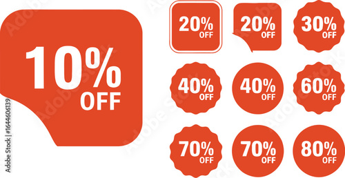 Collection of red discount stickers and badges displaying percentage off values ranging from 10% to 80%.
