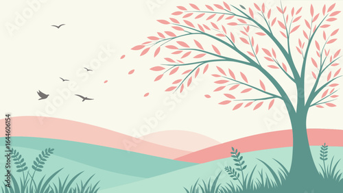Beautiful spring landscape illustration with tree birds and hills vector nature background design art