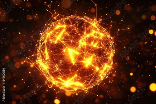 Glowing orange sphere composed of interconnected nodes and lines, set against a dark background speckled with bokeh lights, creating an ethereal and energetic effect