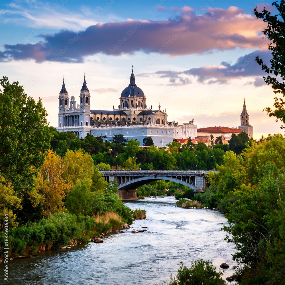 Naklejka premium Cathedral by river at sunset