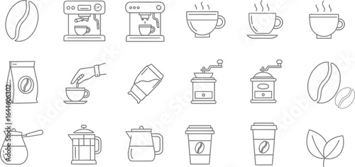Collection of outline icons representing coffee, including beans, makers, cups, grinders, sugar, and leaves.