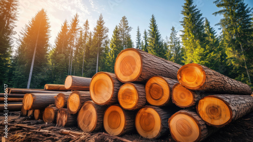 Neatly stacked felled trees in forest logging operation, with sunlight filtering through tall pine trees