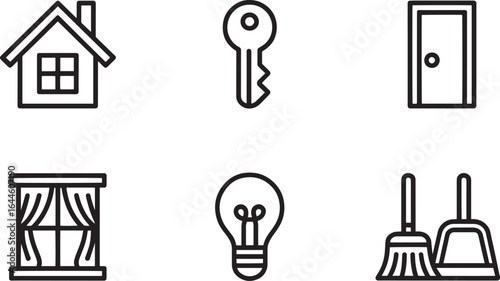 house key door window light bulb broom dustpan icons simple line art symbols for home real estate interior design cleaning service maintenance